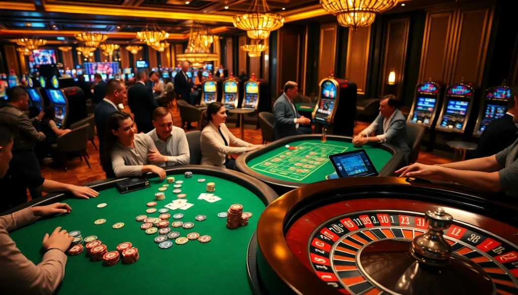 Excited players engaging with hm88 themed poker chips and cards in a luxurious casino setting.