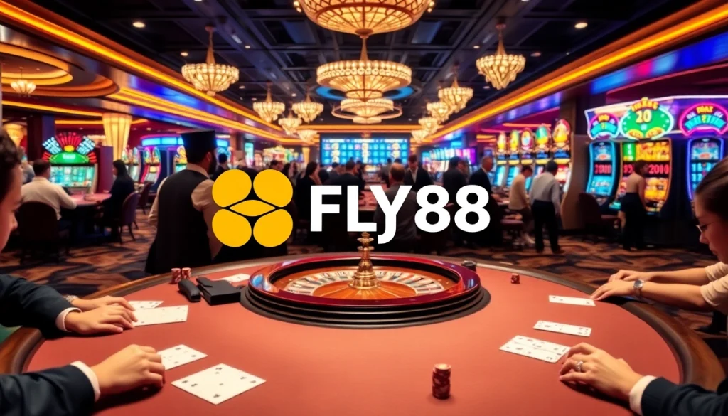 FLY88 gamblers enjoying a thrilling casino experience with cards and chips on display.