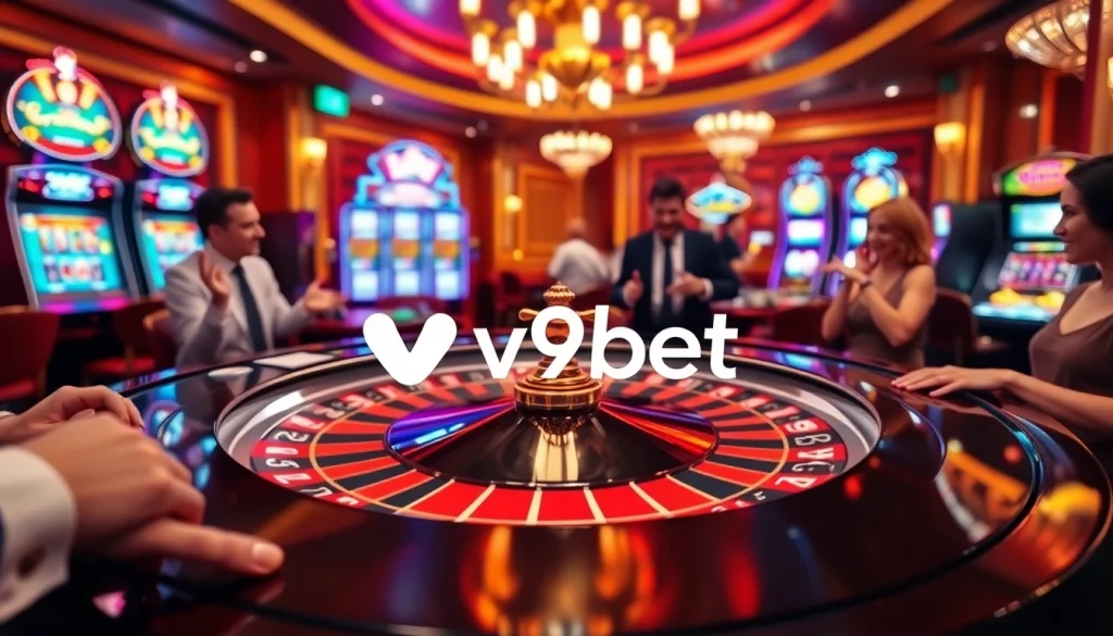 v9bet players eagerly placing bets at a bustling casino table with vibrant slot machines