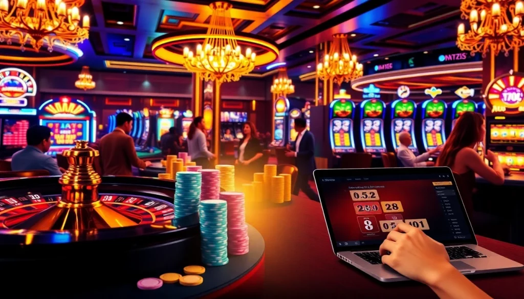 Engaged players enjoying an exciting gaming atmosphere at rr88 có uy tín online casino with roulette and poker chips.