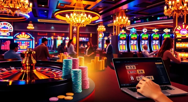 Engaged players enjoying an exciting gaming atmosphere at rr88 có uy tín online casino with roulette and poker chips.