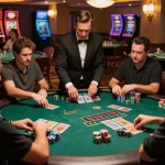 Players at blackjack table in a lively casino atmosphere at uu8855, engaging in high-stakes action.