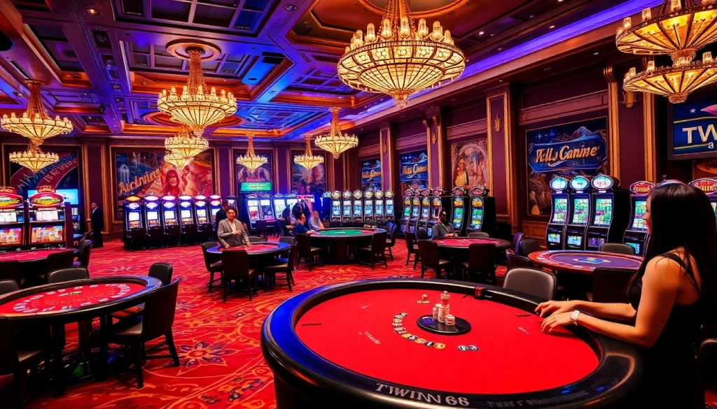 A vibrant TWIN68 gaming environment featuring players enjoying poker and slot machines in a luxurious casino.