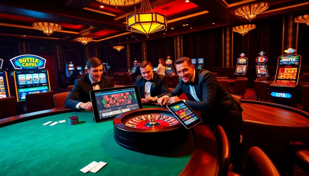 Players engaging in a thrilling poker game with BDTK1 app visuals in a luxurious casino setting.