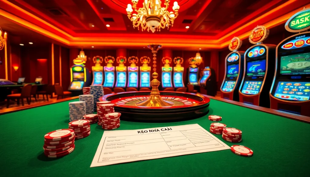 Experience the thrill of Kèo Nhà Cái with a luxurious casino scene featuring roulette and poker chips.