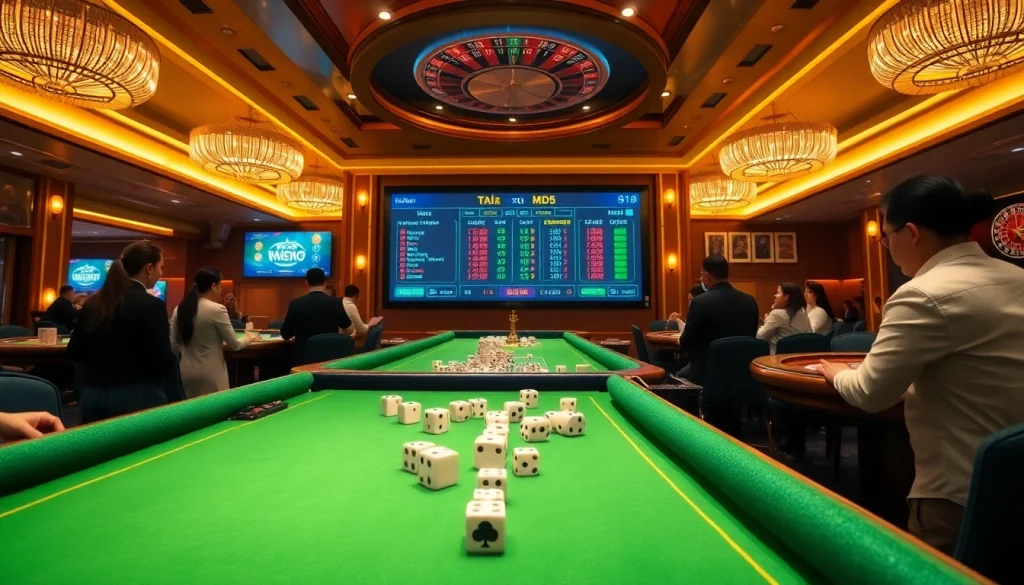 Tài xỉu MD5 game being played in a luxurious casino with lively players and vibrant atmosphere.