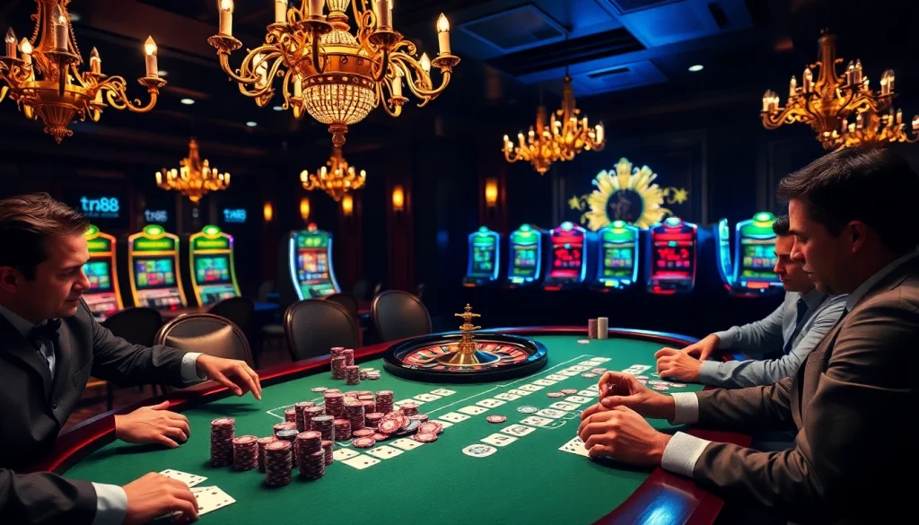 Players engaging in a thrilling poker game at tr88 casino, showcasing high-stakes action and vibrant atmosphere.