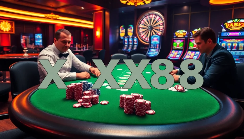 Competitive poker players engage at XX88 casino table, surrounded by chips and cards.