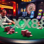 Competitive poker players engage at XX88 casino table, surrounded by chips and cards.