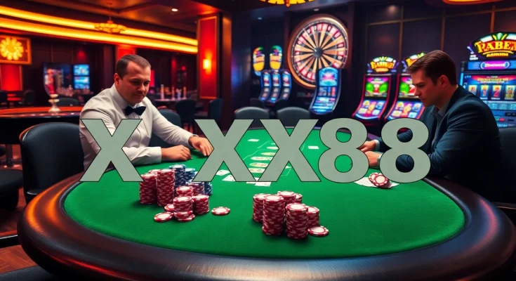 Competitive poker players engage at XX88 casino table, surrounded by chips and cards.