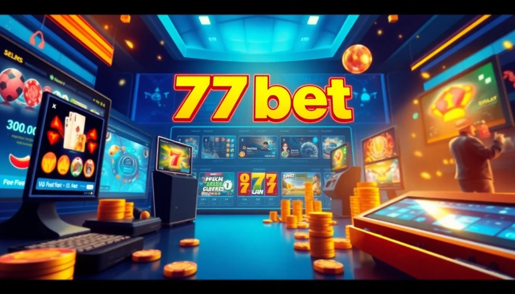 77bet gaming platform interface showcasing slots and poker games in a modern, inviting design.