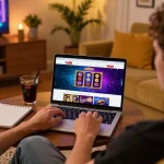 Player enjoying gaming on ta88 online casino platform with a laptop in a cozy home setting
