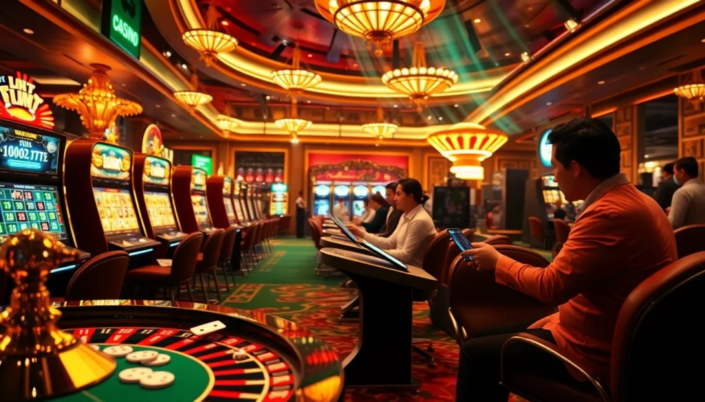 Engage in thrilling gameplay at Trang Chủ Kuwin, featuring vibrant casino elements like roulette wheels and poker chips.