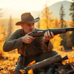 Hunter aiming a vintage Winchester rifle chambered in 32 win amidst vibrant autumn trees.