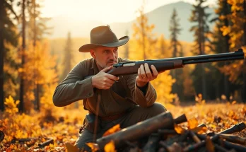 Hunter aiming a vintage Winchester rifle chambered in 32 win amidst vibrant autumn trees.