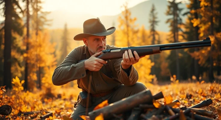 Hunter aiming a vintage Winchester rifle chambered in 32 win amidst vibrant autumn trees.