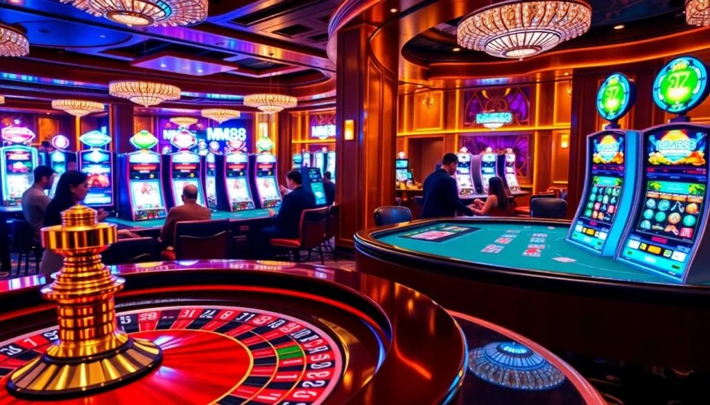 Experience the excitement of MM88 with vibrant casino games and lively players engaged in thrilling bets.