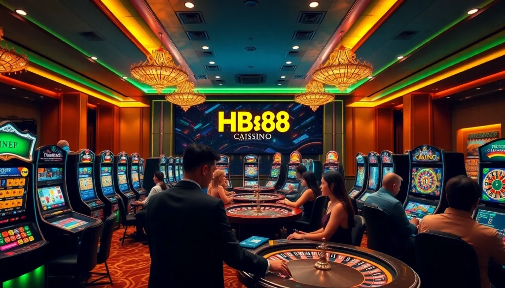 Players enjoying a vibrant gaming session at HB88, featuring poker tables and roulette wheels.