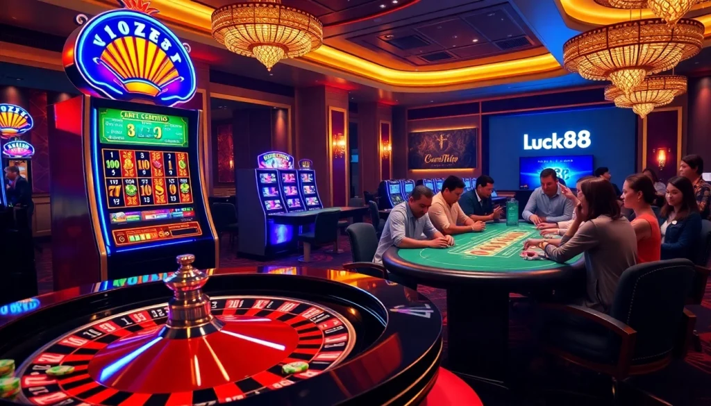 Excited gamblers playing at a vibrant Luck88 casino, surrounded by high-stakes slot machines and roulette tables.