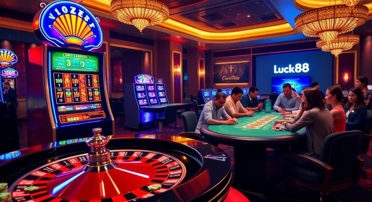 Excited gamblers playing at a vibrant Luck88 casino, surrounded by high-stakes slot machines and roulette tables.