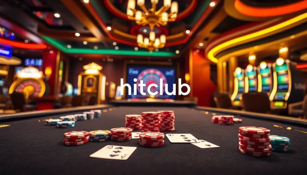 Engaging in a thrilling poker game at hitclub, surrounded by slot machines and a roulette wheel