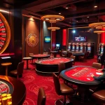 98WIN casino scene featuring poker tables, roulette wheel, and slot machines for thrilling gameplay.