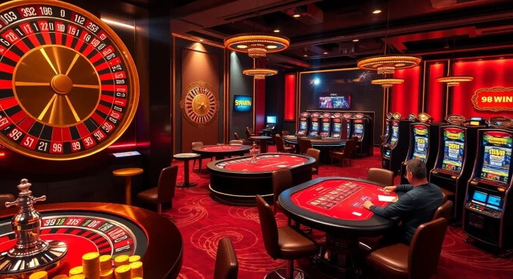 98WIN casino scene featuring poker tables, roulette wheel, and slot machines for thrilling gameplay.