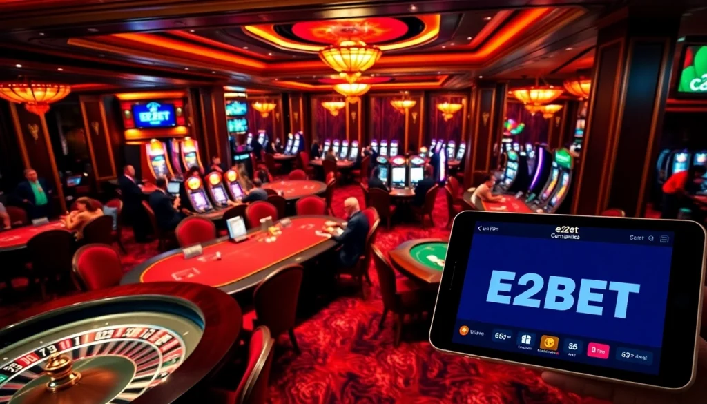 Exciting casino scene with the E2BET brand featured on a digital interface amid gaming activities.