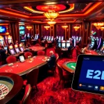 Exciting casino scene with the E2BET brand featured on a digital interface amid gaming activities.