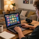Engaging home online gambling scene at https://max88sss.com/ showcasing player immersed in slot game.
