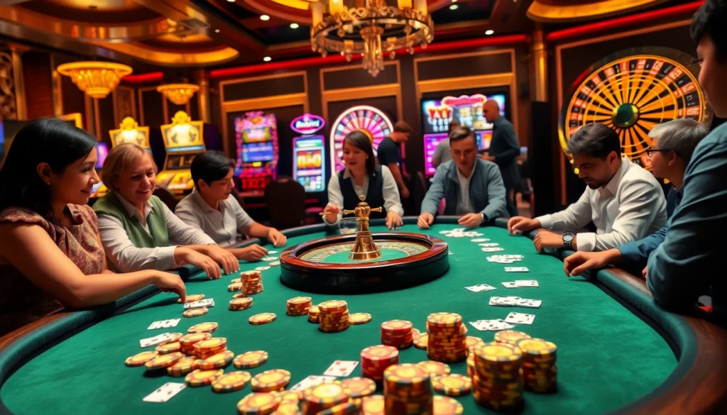 Mint88 players enjoying an exciting poker game at a glamorous casino table in vibrant settings.