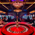 Players enjoying a thrilling moment at the OKFUN casino floor, aiming for high-stakes victories.