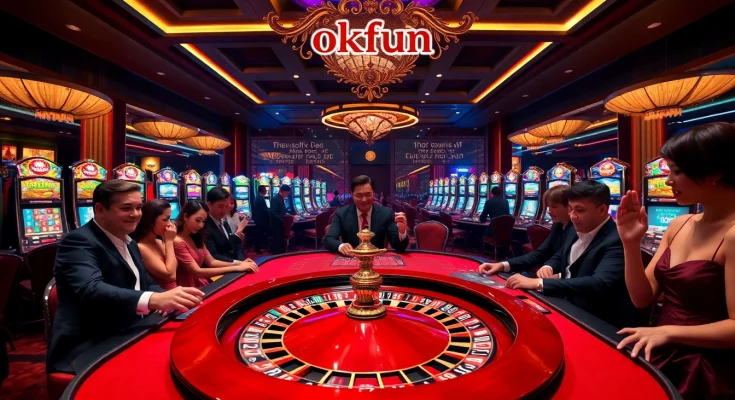 Players enjoying a thrilling moment at the OKFUN casino floor, aiming for high-stakes victories.