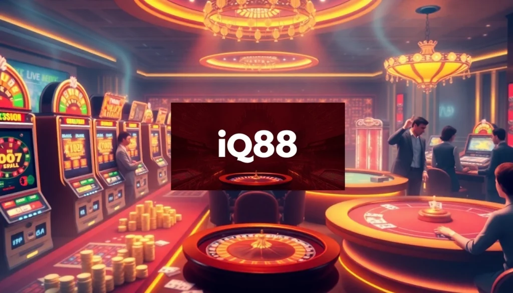 Experience high-stakes excitement at iq88's modern casino with vibrant games and animated players.