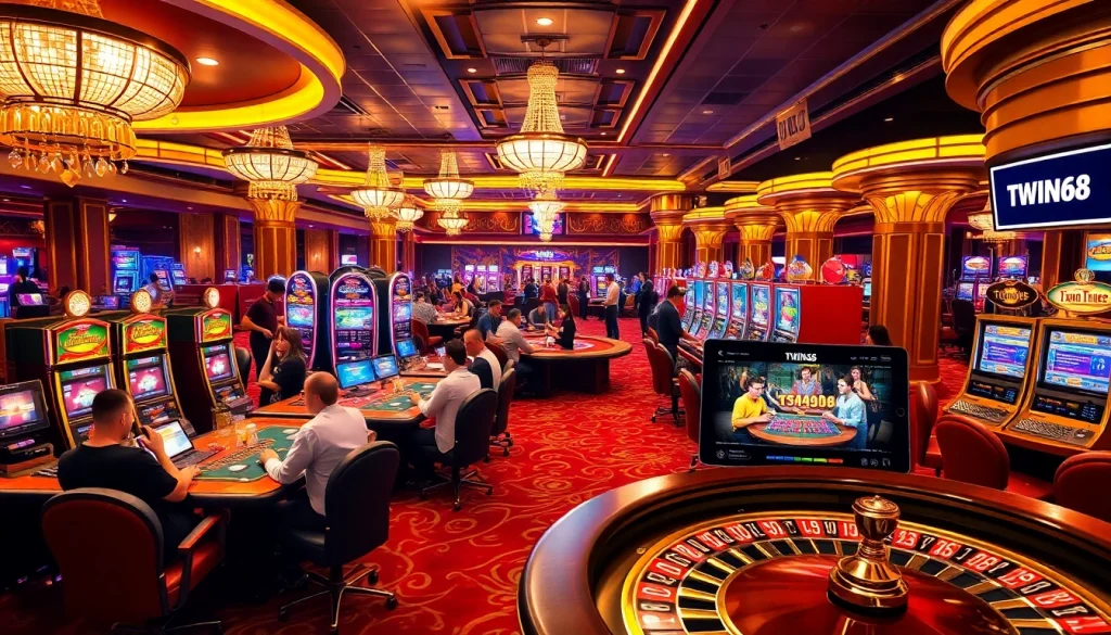 Players enjoying games on https://twin68.gr.com/ amidst a lavish casino atmosphere.
