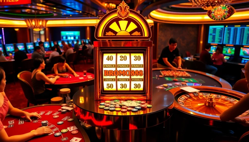 BROMO888 players engaging with a luxurious slot machine in an exciting casino atmosphere.