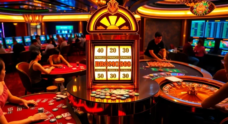 BROMO888 players engaging with a luxurious slot machine in an exciting casino atmosphere.