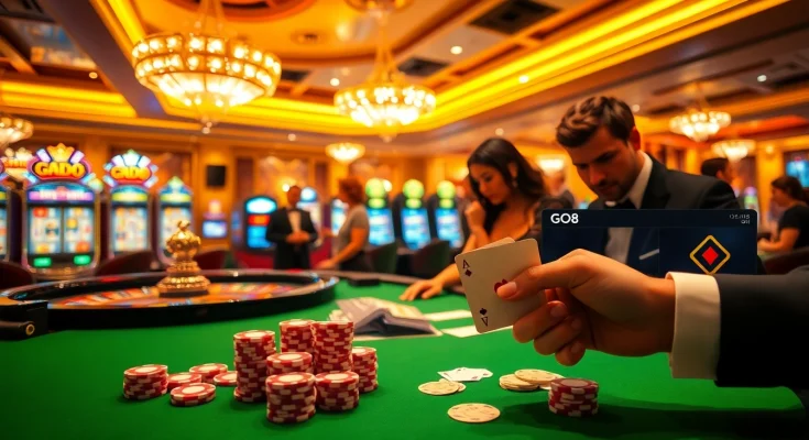 Experience thrilling gambling action at https://go8s.bio/ with poker chips and roulette wheels.