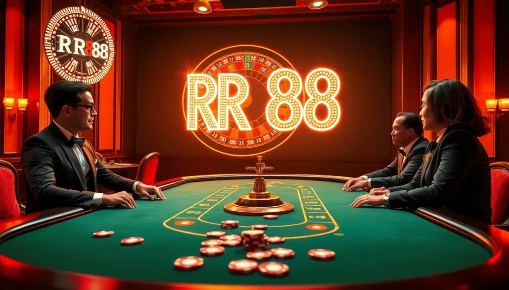 Experience the thrill of RR88 with players at a high-stakes poker table in a luxurious casino.