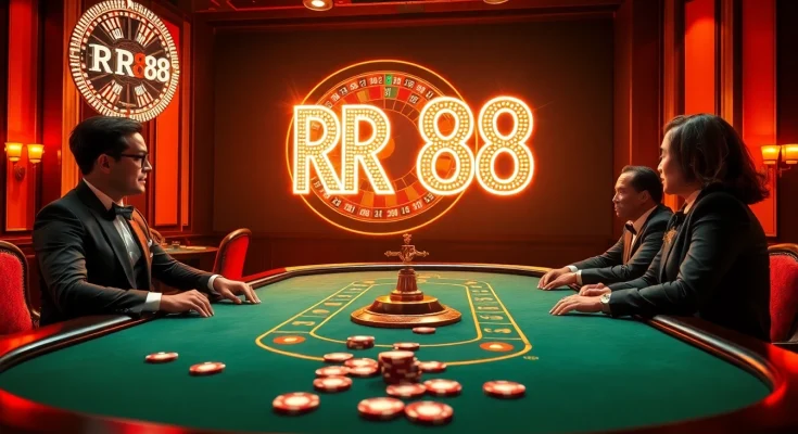 Experience the thrill of RR88 with players at a high-stakes poker table in a luxurious casino.