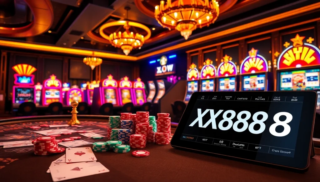 Players strategizing at a vibrant table game scene with XX88-themed casino elements.