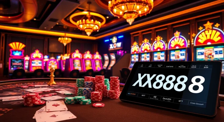 Players strategizing at a vibrant table game scene with XX88-themed casino elements.
