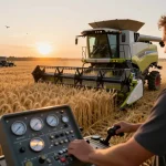 Operator harvesting wheat with the New Holland TR88 combine harvester during sunset in a golden field.