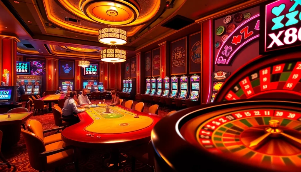 Engaged players strategizing at a luxurious poker table in a vibrant casino setting, highlighting XX88.