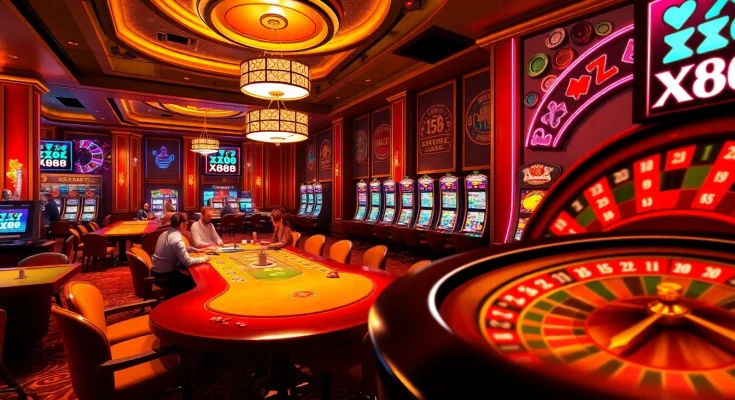 Engaged players strategizing at a luxurious poker table in a vibrant casino setting, highlighting XX88.