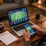 Engaging in strategic sports betting on a smartphone, showcasing nhà cái uy tín in a comfortable lounge.