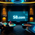 Experience the thrill of betting at S8.com with vibrant casino visuals of cards and chips.
