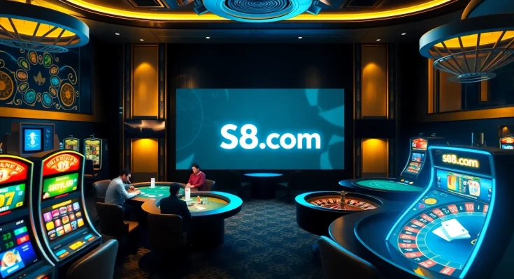 Experience the thrill of betting at S8.com with vibrant casino visuals of cards and chips.