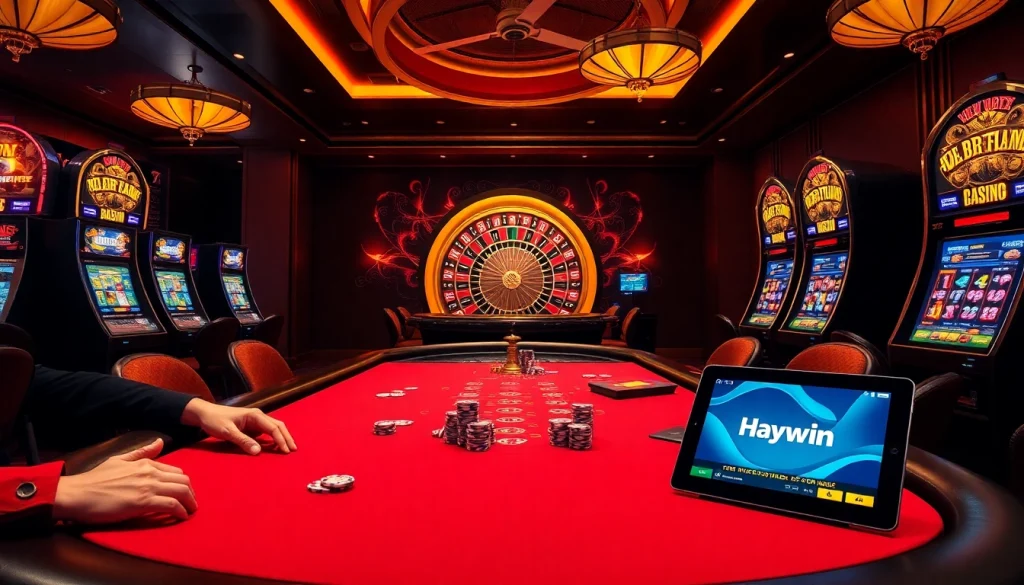Betting action at Haywin's casino table, showcasing poker excitement and vibrant slot machines.