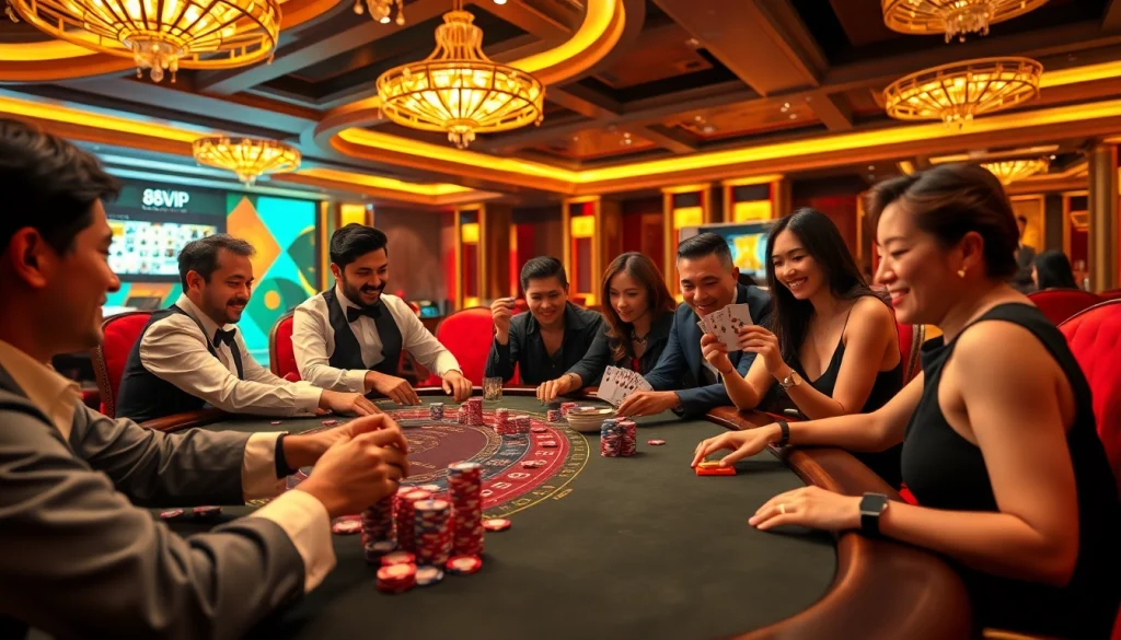 Experience high-stakes poker at Nhà Cái 68VIP, featuring elegant dealers and vibrant gaming elements.